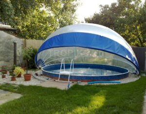 TROPIKO pool roofing for the extended swimming season, a warm pool and azure clean water. For above ground and inground (circular / round) garden pools. Pool cover.