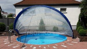 TROPIKO pool roofing for the extended swimming season, a warm pool and azure clean water. For above ground and inground (circular / round) garden pools. Pool cover.