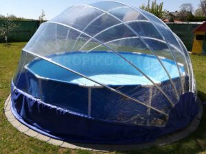 TROPIKO pool roofing for the extended swimming season, a warm pool and azure clean water. For above ground and inground (circular / round) garden pools. Pool cover.