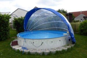 TROPIKO pool roofing for the extended swimming season, a warm pool and azure clean water. For above ground and inground (circular / round) garden pools. Pool cover.