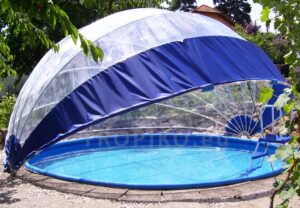 TROPIKO pool roofing for the extended swimming season, a warm pool and azure clean water. For above ground and inground (circular / round) garden pools. Pool cover.