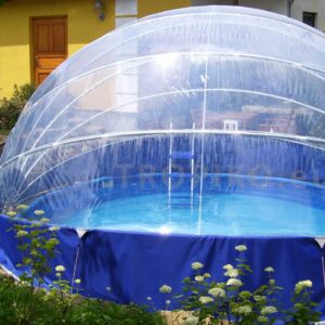 TROPIKO pool roofing for the extended swimming season, a warm pool and azure clean water. For above ground and inground (circular / round) garden pools. Pool cover.