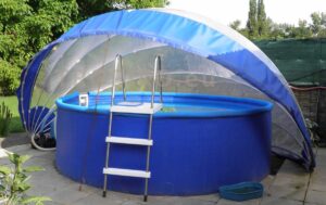TROPIKO pool roofing for the extended swimming season, a warm pool and azure clean water. For above ground and inground (circular / round) garden pools. Pool cover.