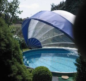 TROPIKO pool roofing for the extended swimming season, a warm pool and azure clean water. For above ground and inground (circular / round) garden pools. Pool cover.